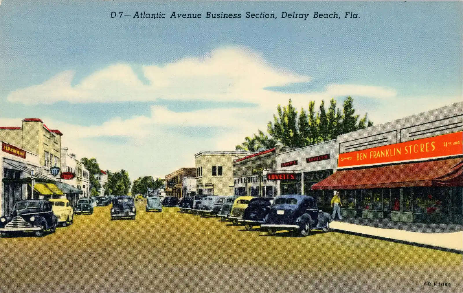 Coloured linen postcard of a sunny shopping street with 1930s-40s cars parked at an angle, low shop buildings and a "Ben Franklin Stores" sign at right; printed title at top reads "Atlantic Avenue Business Section, Delray Beach, Fla."