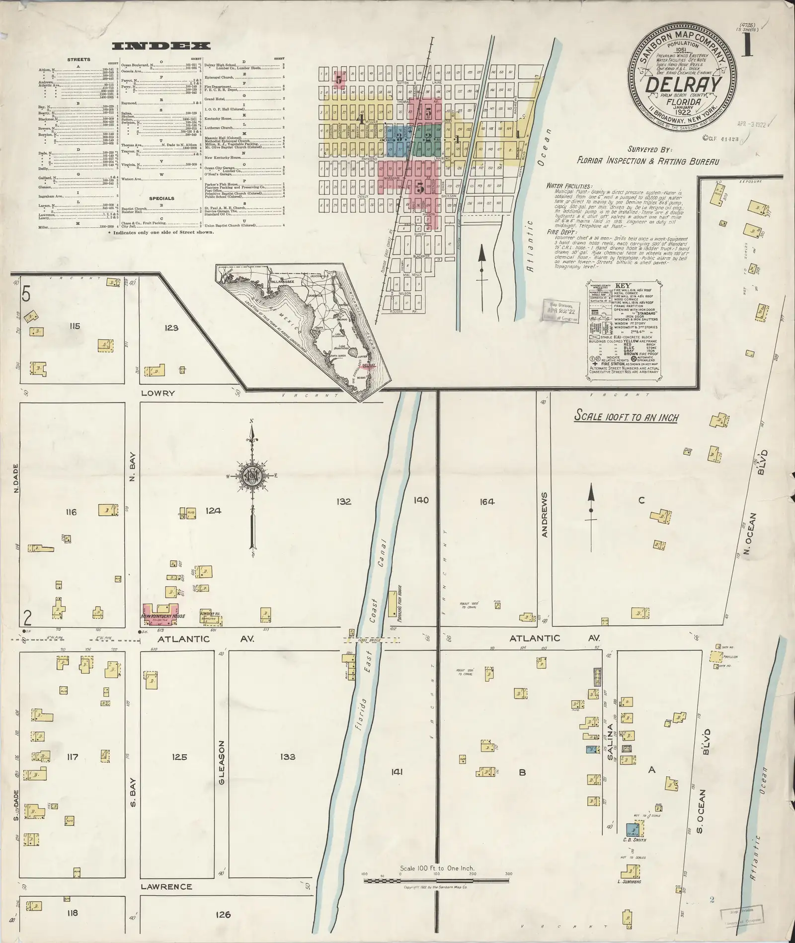 Index sheet of a fire-insurance map: a street grid of the town with coloured building blocks, the railway running north-south, "DELRAY" in a circular title seal at top right, and an index list at top left.